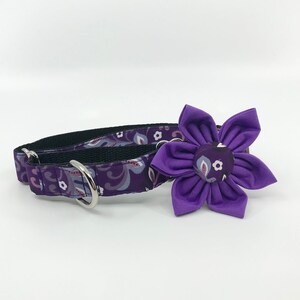 Purple Vine Flower Print Martingale Dog Collar With Optional Flower, Adjustable Slip On Collar Sizes Small, Medium, Large, XLarge