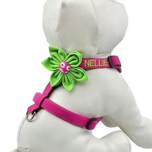 Personalized Dog Harness With Optional Flower, Hot Pink Embroidered With Your Dogs Name Adjustable Sizes XS, S, M