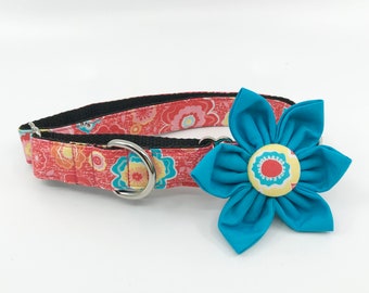 Orange Flower Print Martingale Dog Collar With Optional Flower, Adjustable Slip On Collar Sizes Small, Medium, Large, XLarge