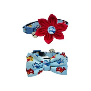 Blue Fish Pattern Breakaway Cat Collar with Optional Red Flower or Fish Bow Tie, Adjustable Sizes S, M, L