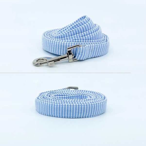 Blue Striped Seersucker Dog Leash, Swivel Hook Pet Lead