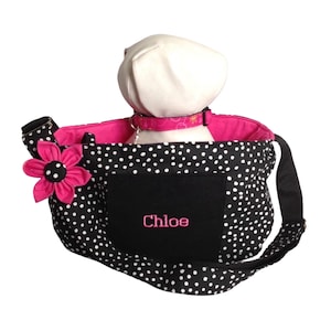 Transportín cruzado para mascotas con estampado de lunares blancos y negros, personalización opcional, hasta 2,7 kg (6 lb)
