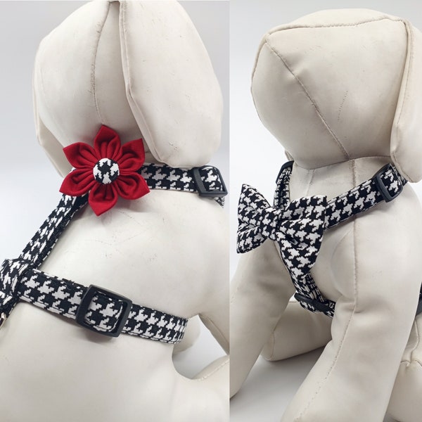 Dog Harness With Optional Flower Or Bow Tie - Black & White  Houndstooth - Adjustable Sizes XS, S, M, L