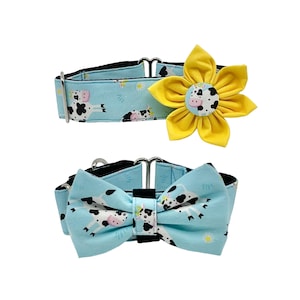 May include: Two dog collars and accessories. One collar is light blue with a cow pattern, and the other is a matching bow tie. A yellow flower with a cow-themed center is also included.