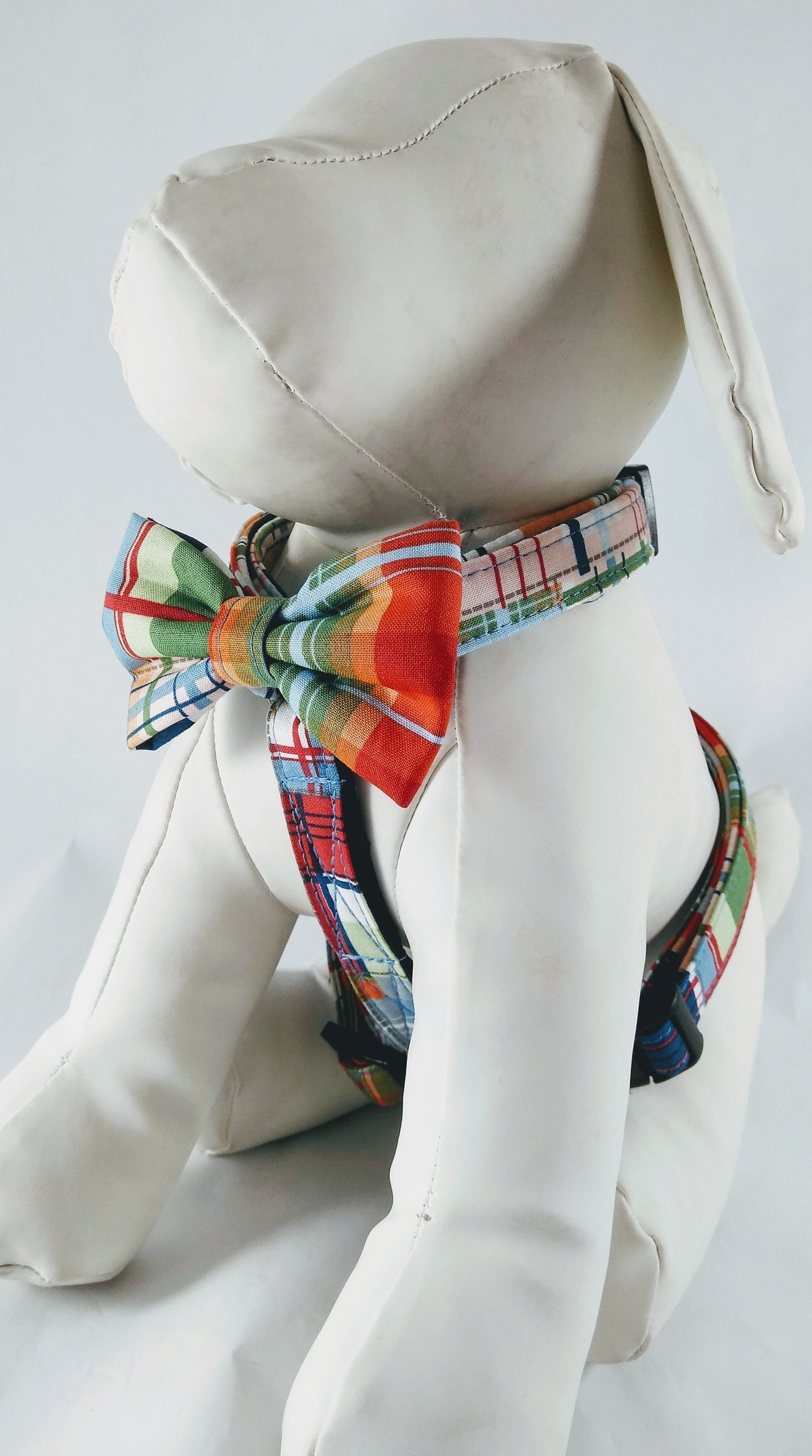 Dog Harness With Bow tie - Multi Plaid Patchwork  Adjustable Pet Harn…