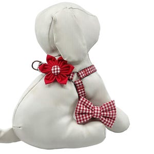 Red Gingham Step in Dog Harness with Optional Red Flower or Bow Tie, Pet Harness, Adjustable Size XXS, XS, S, M, L