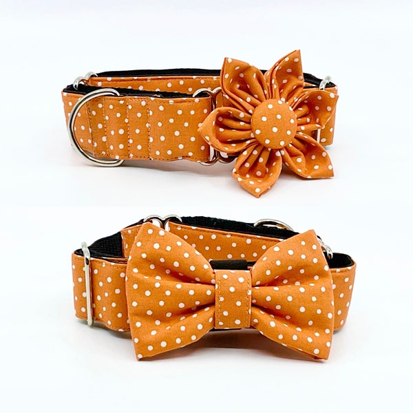 Slip On Dog Collar With Optional Flower Or Bow Tie Ochre Orange Polka Dot Adjustable Slip On Collar Sizes S, M, L, XL