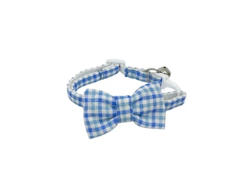Cat Collar With Optional Bow Tie in a Light Blue Plaid Cotton: Breakaway Sizes S-L