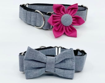 Chambray Martingale Dog Collar With Optional Flower Or Bow Tie Adjustable Slip On Collar, Sizes Small, Medium, Large,  XLarge