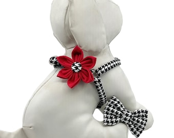 Houndstooth Step-In Dog Harness with Optional Flower or Bow Tie: Size XXS-M