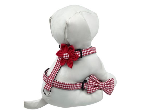 Red Gingham Dog Harness With Optional Matching Flower Or Bow Tie: Adjustable Sizes XS-M