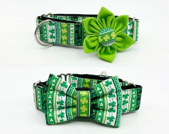 St. Patrick's Day Martingale Dog Collar With Optional Flower Or Bow Green Shamrock Stripe Slip On Collar Adjustable Sizes S, M, L, XL