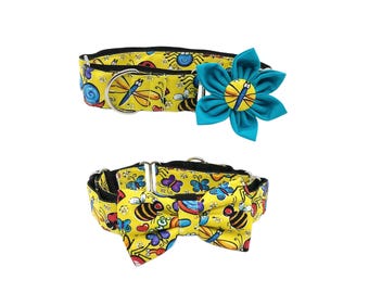 Happy Bugs On Yellow Martingale Dog Collar With Optional Accessory: Slip On Sizes S-XL