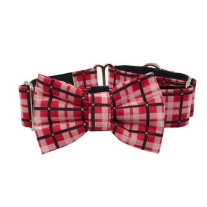 Red Plaid Martingale Dog Collar with Optional Bow Tie, Slip on Collar Sizes S, M,  L, XL