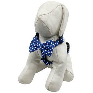 Royal Blue Polka Dot Dog Harness With Optional Bow Tie: Adjustable Sizes XS-M