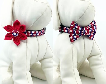 Red Blue And White Stars Patriotic Dog Collar With Optional Flower Or Bow Tie In Adjustable Sizes XSmall, Small, Medium, Large, XLarge