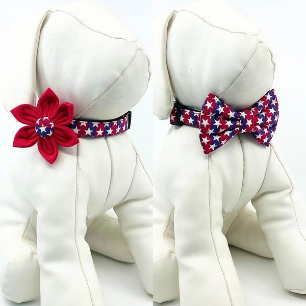 Red Blue And White Stars Patriotic Dog Collar With Optional Flower Or Bow Tie In Adjustable Sizes XSmall, Small, Medium, Large, XLarge