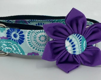 Teal And Purple Flowers Martingale Dog Collar With Flower - Adjustable Slip On Collar Sizes Small, Medium, Large, XLarge