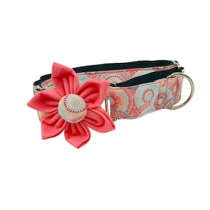 Coral And Teal Retro Print Martingale Dog Collar with Optional Flower, Adjustable Slip-on Collar Sizes XS, S, M, L, XL