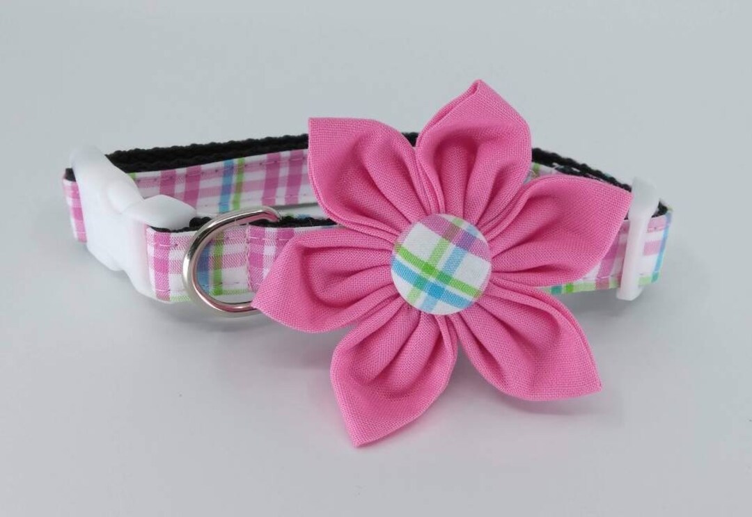 Pink, Blue and Green Plaid Dog Collar With Flower Adjustable Pet Collar