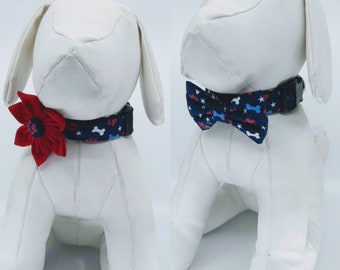 Paw and Bones Patriotic Dog Collar With Flower Or Bow Tie In Adjustable Sizes XSmall, Small, Medium, Large, XLarge