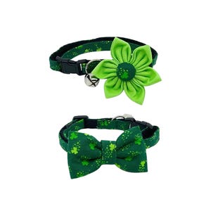 St. Patrick’s Day Cat Collar With Optional Flower Or Bow Tie Green Shamrock Breakaway Cat Collar Sizes S Kitten, Medium, Large