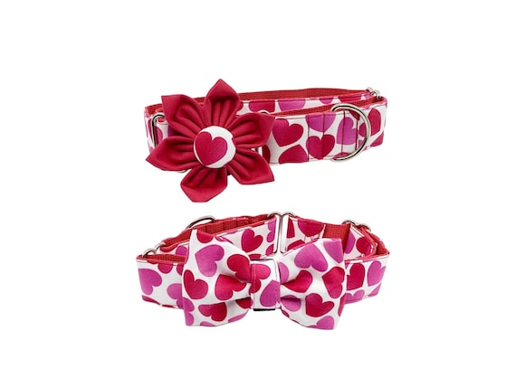 Valentines Day Martingale Dog Collar With Optional Bow Tie or Flower, Red And Pink Hearts Slip On Collar Sizes S, M,  L, XL