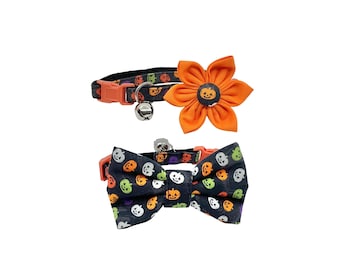 Halloween Cat Collar With Optional Flower Or Bow Tie, Colorful Mini Pumpkins: Breakaway S-L