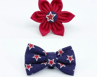 Patriotic Red Stars On Blue Polka Dot Flower Or Bow Tie Accessory For Your Dog’s Or Cat’s Harness Or Collar