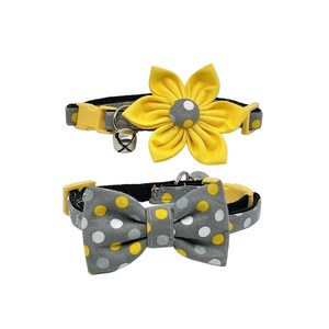 Cat Collar With Optional Flower or Bow Tie, Gray and Yellow Polka Dot Breakaway Pet Collar, Adjustable Sizes S, M, L