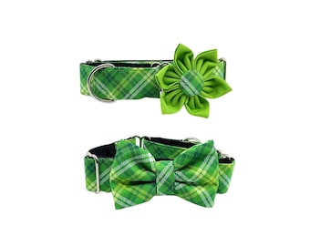 St. Patrick's Martingale Dog Collar, Optional Flower/Bow Tie Green Plaid Glitter XS- XL