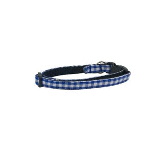May include: Blue and white checkered dog collar with a black buckle.