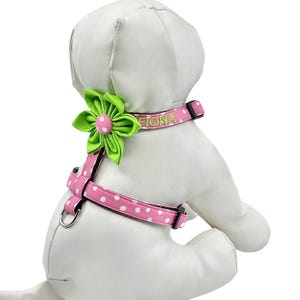 Pink Polka Dot Optional Personalized Dog Harness, Optional Green Flower: Size XS-M