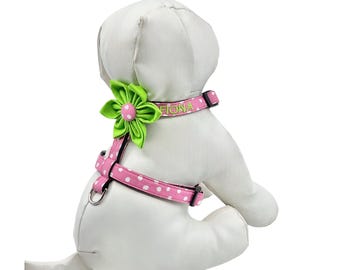 Pink Polka Dot Optional Personalisiertes Hundegeschirr, Optional Grüne Blume: Größe XS-M
