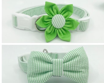 Dog Collar Green Striped Seersucker With Flower Or Bow Tie In Adjustable Sizes XSmall, Small, Medium, Large, XLarge