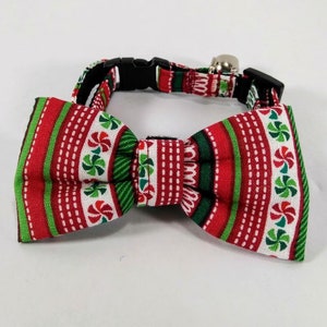 Holiday Cat Collar With Optional Flower Or Bow Tie Red And Green Christmas Candy Breakaway Collar Adjustable Sizes S Kitten, M, L image 2