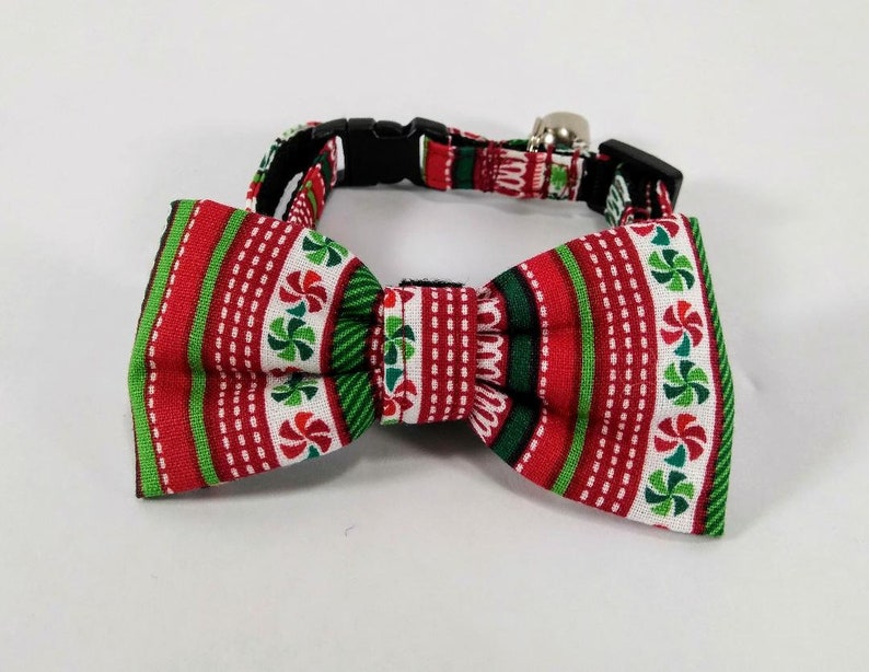 Holiday Cat Collar With Optional Flower Or Bow Tie Red And Green Christmas Candy Breakaway Collar Adjustable Sizes S Kitten, M, L image 2