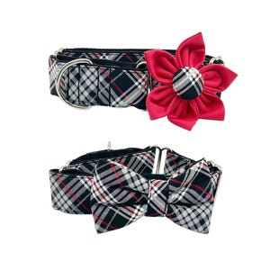 Martingale Dog Collar with Optional Flower or Bow Tie, Black, Red and Silver Plaid Slip on Collar Sizes XS, S, M, L, XL