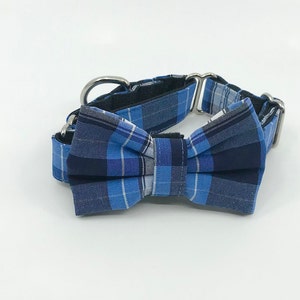 Martingale Dog Collar With Optional Bow Tie, Blue Plaid Slip On Collar Adjustable Sizes S, M,  L, XL