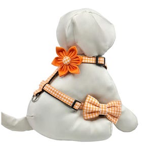 Orange Gingham Dog Harness With Optional Flower Or Bow Tie, Adjustable Pet Harness Sizes XS, S, M
