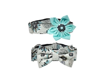 Teal And Gray Flowers Martingale Dog Collar, Optional Flower Bow Tie: Slip on XS-XL