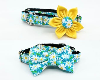 Teal Daisy Floral Martingale Dog Collar With Optional Flower Or Bow Tie, Adjustable Slip On Collar Sizes S, M, L, XL