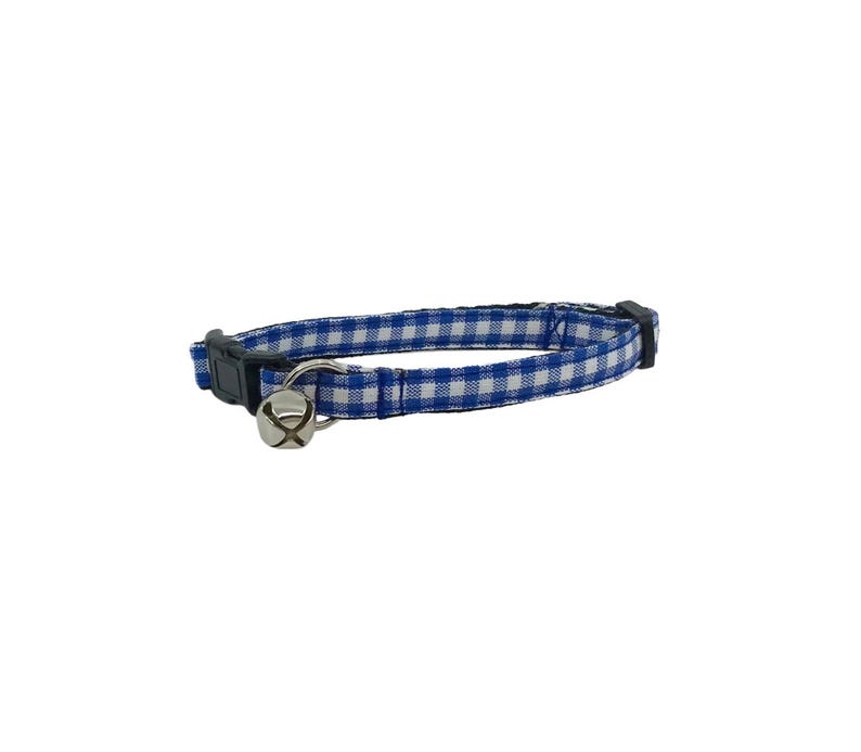 May include: Blue and white gingham cat collar with a silver bell.