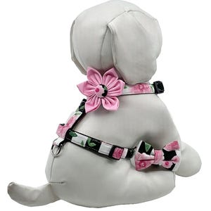 Dog Harness With Optional Flower or Bow Tie, Pink Roses on Black and White Stripes Adjustable Pet Harness  Sizes  XS, S, M