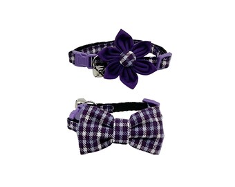 Multi Purple Plaid Cat Collar With Optional Bow Tie Or Flower: Breakaway Sizes S-L