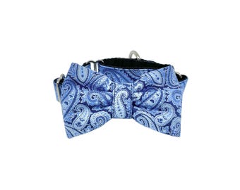 Blue Metallic Paisley Martingale Dog Collar With Optional Bow Tie, Adjustable Slip On XS-XL