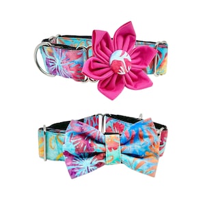 Tropical Hibiscus Batik Martingale Dog Collar with Optional Flower or Bow Tie, Adjustable Slip on Collar Sizes S, M, L, XL