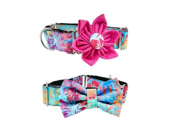 Tropical Hibiscus Batik Martingale Dog Collar, Optional Flower or Bow Tie, Slip on XS-XL