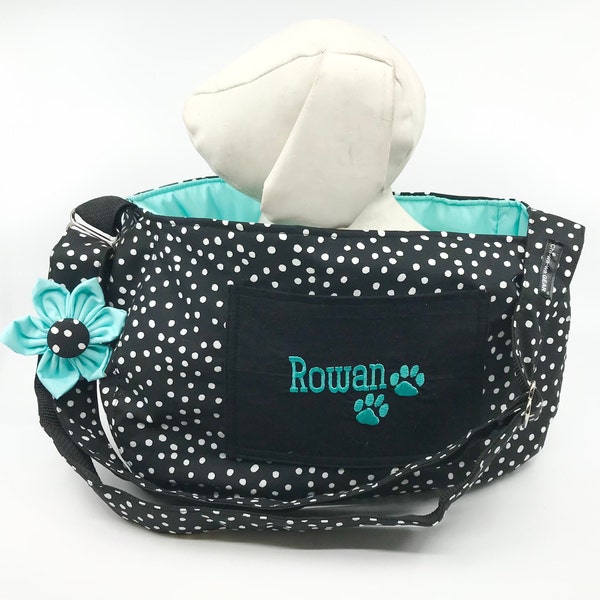 Personalized Cross Body Black And White Polka Dot Pet Carrier With Embroidered Dogs Name For Dogs Up To Approx. 6lb