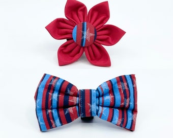 Patriotic Stars On Red And Blue Stripe Flower Or Bow Tie Accessory For Your Dog’s Or Cat’s Harness Or Collar